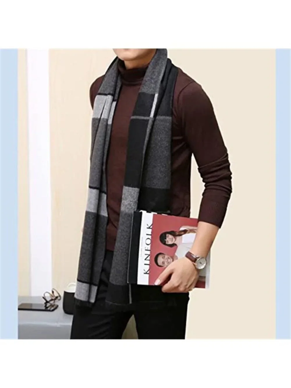 2 Packs Men's Cashmere Feel  Scarf for Winter, Black Grey Plaid